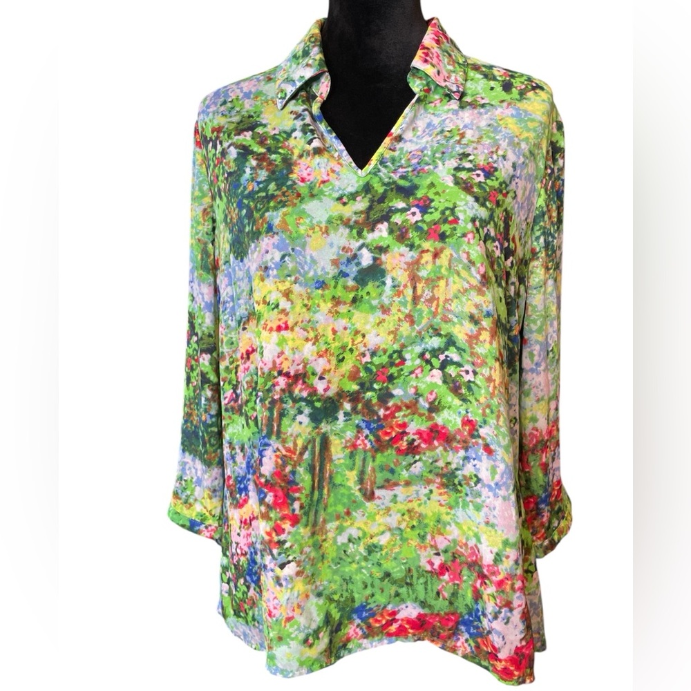 Investments Petites Floral Green V Neck Women's Blouse